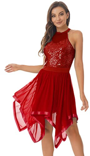TiaoBug Damen Pailletten Ballettkleid Ballett Trikot Neckholder Kleider Unregelmäßig Tutu Röckchen Gymnastikanzug Ballettkleidung S-XL Weinrot S