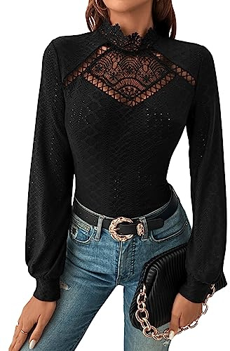 GORGLITTER Damen Oberteil Elegant topp med spets Trachentblus, långärmad, spetsblus, herrskjorta, stehkragen, svart, S
