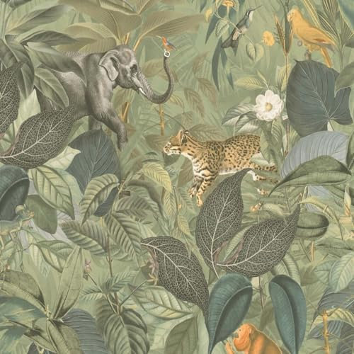 BRICOFLOR Dschungel Tapete olivgrün mit Tieren Regenwald Vliestapete mit Leopard Affen Elefanten und Vögeln ideal für Wohnzimmer
