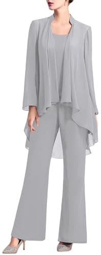 Doomiva Completo da Donna Elegante 3 Pezzi Suit Set da Cerimonia Abito da Festa in Chiffon Tailler Pantaloni Top Cardigan Elegante Aperto sul Davanti Pantaloni Tinta Unita Grigio M