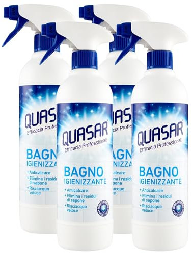 Quasar Detergente BAGNO Igienizzante Spray, Anticalcare, Elimina i Residui Di Sapone, Risciacquo Veloce 580ml (4 Spray)