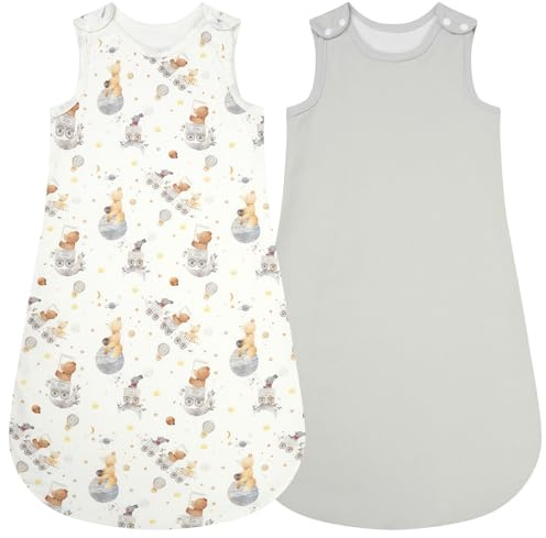 Baby sovsäck 1 tog, babysovsäck 100 % bomull, bärbar sovsäck med justerbara tryckknappar och sidodragkedja, året runt-sovsäck för barn, 2-pack (grå, 70 cm), grå, 6–12 månader, Grå, 6-12 Meses
