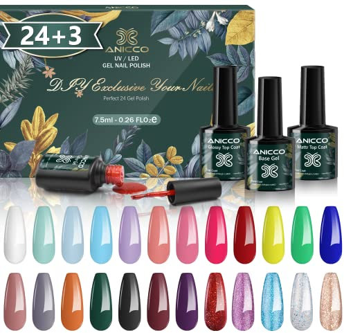 27pcs Kit de Esmaltes de Uñas Gel UV LED, FINGEROOM Pintauñas Semipermanente 24 Colores Purpurina Arcoíris Colección con Base, Capa Superior Brillante y Mate