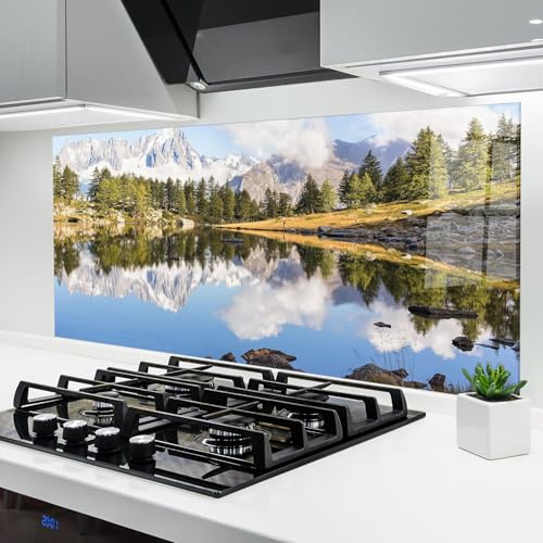 ARTHUB® Küchenrückwand aus Glas 60x150 cm, 4mm ESG | Spritzschutz, Glasplatte, Herdspritzschutz, Wandschutz für Herd, Hartglas, Landschaften, Seen, Mountain Reflection