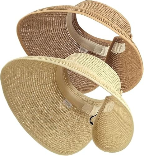 Palhyte 2Pcs Summer Straw Hat Foldable Visor Hats,Sun Visors for Women Wide Brim Straw Ponytail Beach Hat