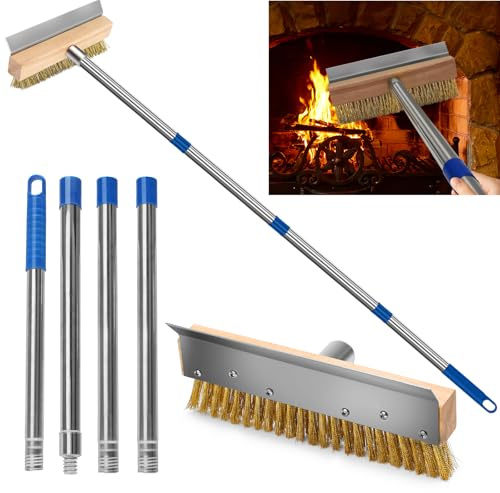IDUNSEED Cepillo para Horno de Pizza de 25 cm de Ancho y 4 cm de Alto con raspador, Cepillo de Alambre de Cobre extraíble de 84 cm a 168 cm para Limpiar hornos de Pizza, hornos de leña y ahumadores
