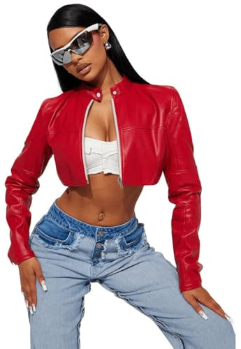 Charyeah Women's Fashion Faux Leather Jacket Crop Short Cropped PU Slim Zip Up Moto Biker Coat Motorcycle Jackets Coat (US, Alpha, Medium, Regular, Regular, Red)
