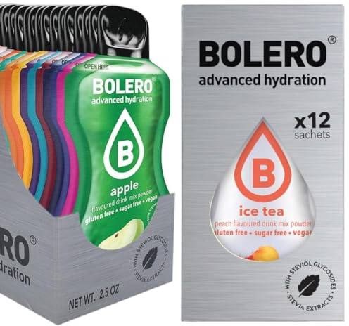 Set Bolero Drink 36 Bustine da 3 Grammi Zero Zuccheri e Calorie | Preparato Polvere Solubile Per Bevanda in Acqua | 24 Gusti Misti + 12 Ice Tea Pesca | Ideale per Dieta, Sport e Idratazione Sana.