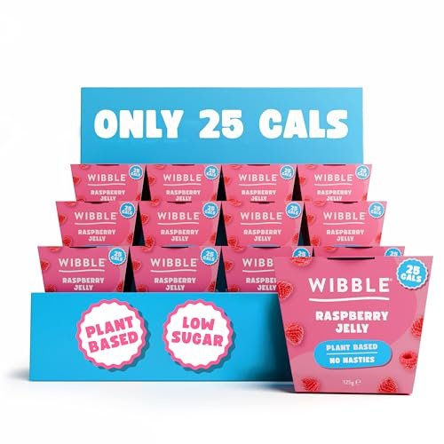 Wibble Jelly Pots, Raspberry, 12 Pack, Plant Based, 25 Cals, Low Calorie, Low Sugar, Vegan, Vegetarian, Jello