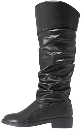 Generisch Botas largas de mujer con tacón cuadrado plisado parte superior de caña alta con cordones de talla grande para invierno de moda, Negro , 43 EU