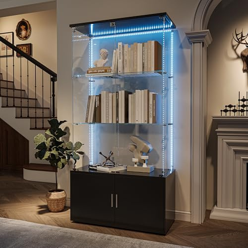 Vitrine en Verre, vitrine de collection avec LED et Espace de rangement caché, Transparent vitrine sur pied Vitrines trempé en verre 4 Couche, pour salon et chambre à coucher, bureau (Noir, B)
