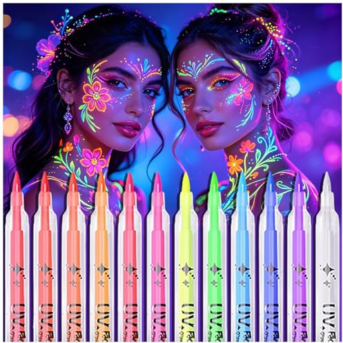 12 svarta ljusfärgpennor, neonsmink ansiktspennor, bodypainting färger lyser i svart ljus och UV-ljus, fluorescerande tatueringspennor, lämpliga för halloween, helgdagar och fest. (12)