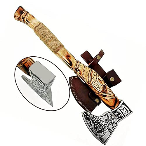 AX-7000 - Hacha vikinga de Acero al Carbono Forjado con Eje de Madera de Rosa, Hacha de Camping Barbuda vikinga