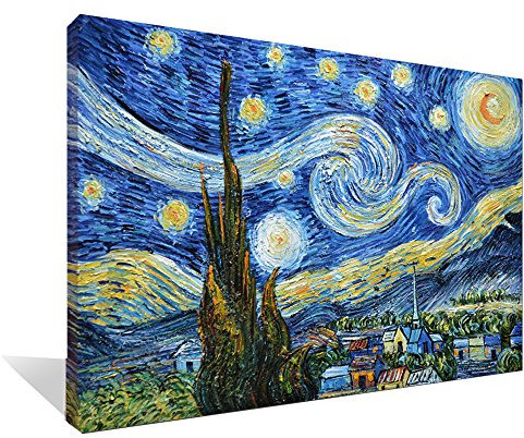 Asdam Art-(100% mano dipinta 3d quadri blu notte stellata di vincent van gogh dipinti ad olio su tela allungati e incastrato moderna casa muro d'arte per salotto, camera sala da pranzo(24X36 inch)