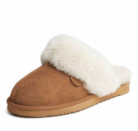 Dearfoams Womens Fireside Sydney Shearling Fur Indoor/Outdoor Scuff With Wide Widths Slipper, Chestnut, 8 US