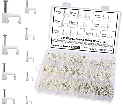 Kinsinder 740 Stück Kabelschellen Nagelschellen, Weiß Kabelschellen Elektrische Kabelführung für Zuhause oder Büro 4mm 5mm 6mm 7mm 8mm 9mm 10mm 12mm 14mm