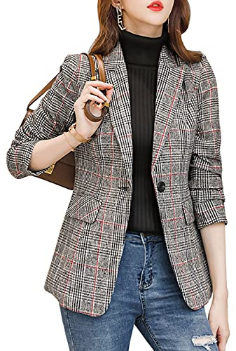 ebossy Women's Notch Lapel 2 Button Boyfriend Blazer Suit Houndstooth Plaid Jacket Coat, Z-Grey, L