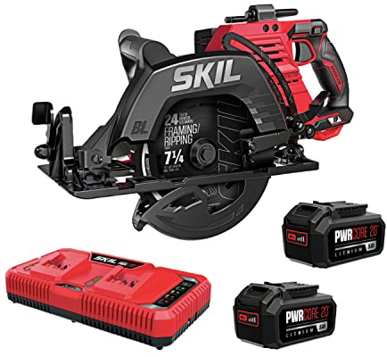 SKIL 2x20V PWR CORE 20 Brushless 7-1/4” Rear Handle Circular Saw Kit Includes Two 5.0Ah Batteries and Dual Port Auto PWR Jump Charger-CR5429B-20, Red