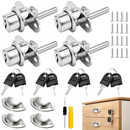 MUETERN 4 Stk Möbelschloss, Zinklegierung Schrankschloss mit 16 Stk Schrauben, 4 Stk Griff, 1 Stk Schraubendreher, Bolzenschloss für Aktenschränke, Vitrinen, Schubladen, Verriegelungsöffnung 16mm