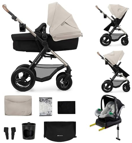 Kinderkraft MOOV2 AIR Kinderwagen 4 in 1 Kinderwagenset bis 22 kg mit Kindersitz I-SIZE 40-75 cm, Buggy Funktion, Liegeposition verstellbar, Große ausziehbare Verdeck, Aufblasbare Räder, Grau