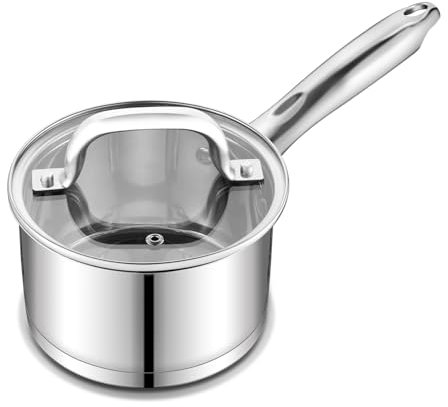 Onader 14cm Saucepan, Stainless Steel Tri-Ply Base Milk Pan with Glass Lid, Induction Cooking Pan Suitable for All Kitchen Cooktops, Non-Toxic & Heavy Duty & Easy Clean - 1L