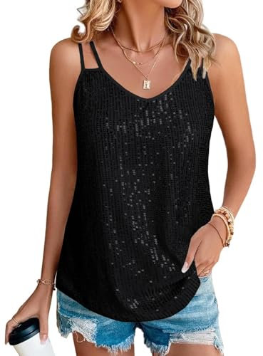 Suncife Damen Pailletten Oberteil Tank Glitzer Top Glitzertop Party Frauen, Schwarz, L