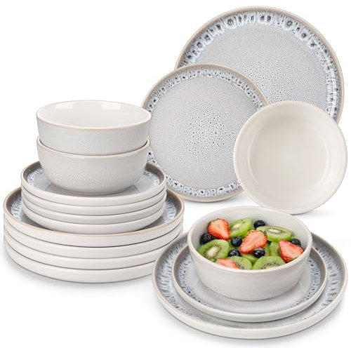 vancasso Crockery Sets for 6 People, 18-Piece Reactive Glaze Plates and Bowls Set, Mediterranean Style Dinnerware Set, Dishwasher & Microwave Safe Dinner Sets, Grey