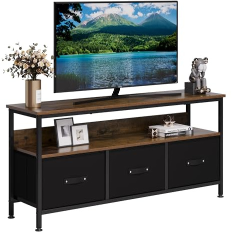 Garvee Mueble TV para 65 Pulgadas, Centro De Entretenimiento Moderno con 3 Cajones De Tela y Estante, Mueble Consola Compacto para Salón y Dormitorio, Marrón