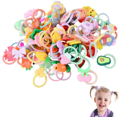 YUVKIN 50 Stk Elastische Baby Haargummi, Haargummis Mädchen, Karikatur Haarbänder Kinder Klein mit Schleifen-, Tier-, Blumen- und Obstmustern (Bunte)