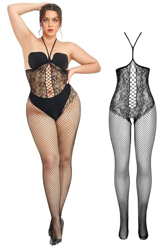 ohmydear Plus Size Bodystocking Fishnet Body Stockings Full Body for Women Lingerie Set Sexy Outfits Lace Babydoll Chemise Cut Out Ladies Nightwear 3XL-5XL
