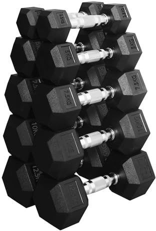 Hex Dumbbells Weight Set 5 Pairs (2.5kg–30kg) | Rubber Encased Cast Iron Dumbbells | Strength Training Equipment for Home Gym, Fitness & Workout (Without Rack-Black, 2x(2.5+5+7.5+10+12.5)75Kg)