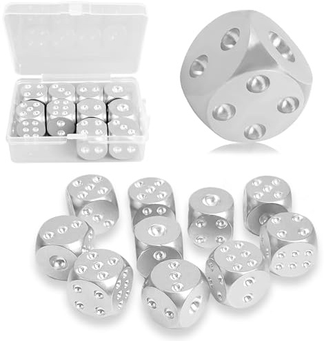 Lot de 10 dés en métal, en Aluminium dés à Six Faces, Angle Rond Standard D6, 15mm (Argent)