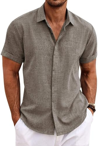 COOFANDY Chemise en lin à manches courtes pour homme, boutonnée, coupe droite, pour les loisirs, été, plage, chemise en lin, marron, 3XL