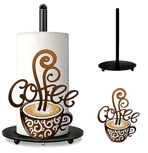 Coffee Themed Paper Towel Holder Countertop - Decorative Metal Paper Roll Stand with 3D Cup & Swirl Design, Weighted Base for Kitchen, Bar, Farmhouse Decor (Coffee)