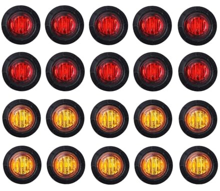 TMH 3/4 Inch Mount 10 pcs Amber + 10 pcs Red LED Clearance Bullet Side LED Marker Lights for Trailer Truck RV Car Bus Van (Pack of 20)