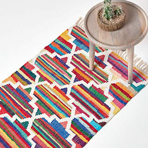 HOMESCAPES Alfombra de pasillo Kilim multicolor tejida a mano, 100% algodón, alfombra geométrica con flecos, 66 x 200 cm