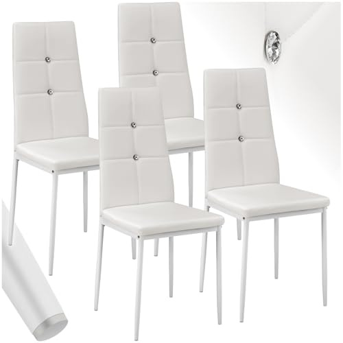 tectake® Set 4 Sedie Sala da Pranzo Imbottite, Sedie Cucina in Similpelle, Gambe in Acciaio, Sedie Soggiorno dal Design Elegante con Strass, Sedie da Pranzo Moderne Antiscivolo - Bianco