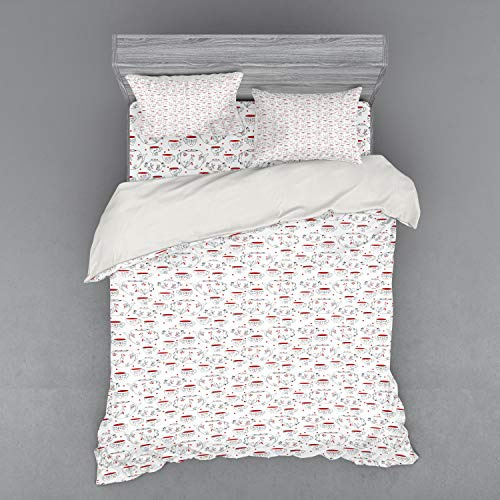 Ambesonne Tea Party Bedding Set, Doodle Style Crockery Illustration of Floral Patterned Kettles and Cups, 4 Piece Duvet Cover Set with Shams and Fitted Sheet, Queen Size, Red Black White