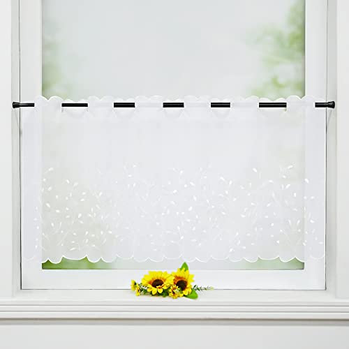 Delien Voile 1 stück Scheibengardinen Kurzgardinen Stickerei Bistrogardine »Grünland« Transparente Kurzstores Durchstangenzug Kurzvorhang mit Grasmuster Blattmuster für Küche BxH 90x45cm,Weiß