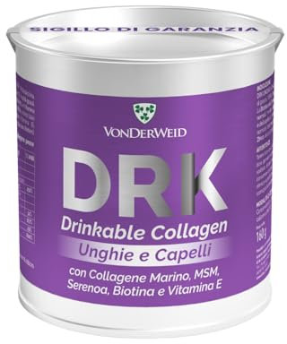 Vonderweid - DRK CAPELLI UNGHIE | Collagene Marino Idrolizzato con Biotina + Rame Gluconato + MSM + Equiseto + Rosa Canina + Vit.E | Integratore Collagene in Polvere per Capelli e Unghie | 160g