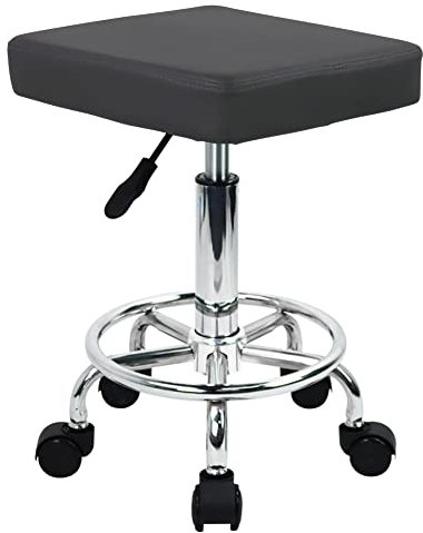 WKWKER Square Rolling Salon Stool Swivel Adjustable Beauty Pu leather Seat Chair For Kitchen Lab SPA Home Office Massage (Gray)
