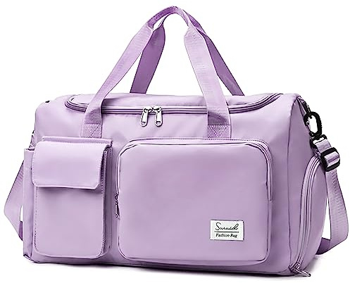 Suruid Travel Duffel Bag with Shoes Compartment Sports Gym Bag with Dry Wet Separated Pocket for Men and Women, Overnight Bag Weekender Bag Training Handbag Yoga Bag - Purple