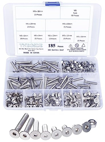 M5 Flat Head Countersunk Socket Cap Bolts Screws Nuts Assortment Kit M5 x 6/8/ 10/12/ 16/20/ 25/ 30mm 304 Stainless Steel Nuts and Bolts Assortment Kit, Full Thread, Allen Socket Drive, 185Pcs