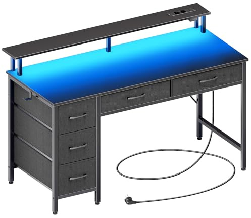 Seventable 120cm Computer Desk with LED Lights, USB Ports & Power Outlets, Monitor Stand and 5 Storage Drawers – Home Office Desk, Study Desk for Bedroom or Small Spaces, Black