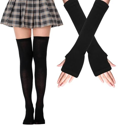 Mayoii Oberschenkelhohe Socken, fingerlose Handschuhe, Set, lange Socken für Damen und Mädchen, Arm- und Beinwärmer, Schwarz , M-L