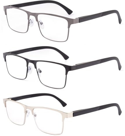OKH Hombres Gafas de Lectura Azul Light Blocking Acero Metal Frame Rectángulo Primavera Bisagras Anti Eyestrain Reader Eyeglasses(Gris+Negro+Plata, 2.0x)