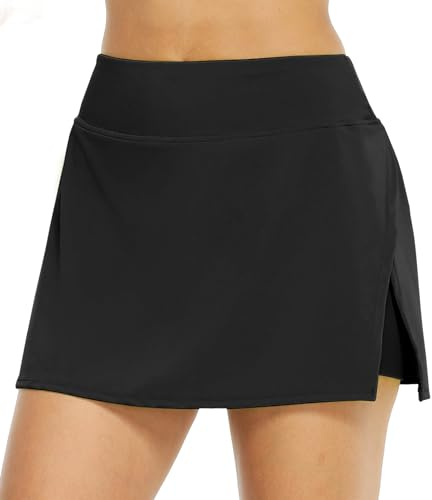 icyzone Dam tenniskjol med innerbyxor hög midja sportkort tennis fitness golf skorts, svart, M