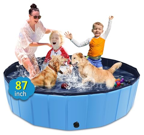 CACSPS Foldable Dog Pool, 87 x 14 Large Kiddie Pool with Hard Plastic, Non-Slip Dog Bath Tub for Outdoor Backyard, Collapsible Dog Swimming Pool for Kids Dogs Pets (Blue)
