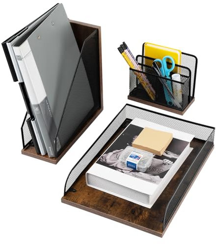 ZNMYDMT 3-teiliges Vintage-Bürobedarf-Set aus Holz und Netz, Briefablage, Zeitschriftenhalter, Stifthalter und Briefsortierer, Schreibtisch-Organizer-Set, Schreibtisch-Dekorations-Zubehör