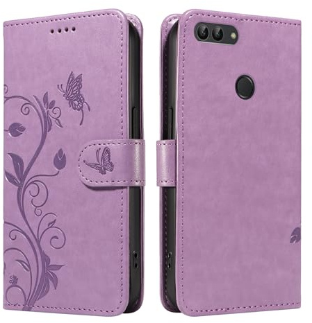 XFDSFDL® Protective Cover for Huawei P Smart FIG-LX1/LX2/LX3 (5.65 Inch) PU Leather Flip Case Almond Tree Pattern with Stand Embossing Holster Lanyard Wallet Phone Shell Purple